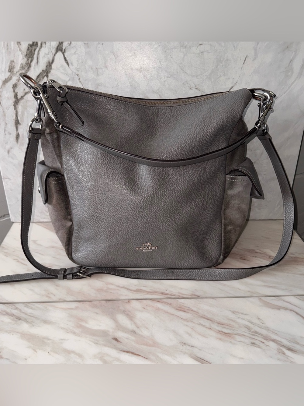 Coach Pennie Shoulder Bag Gray Pebbled Leather Suede Crossbody Hobo C1522
